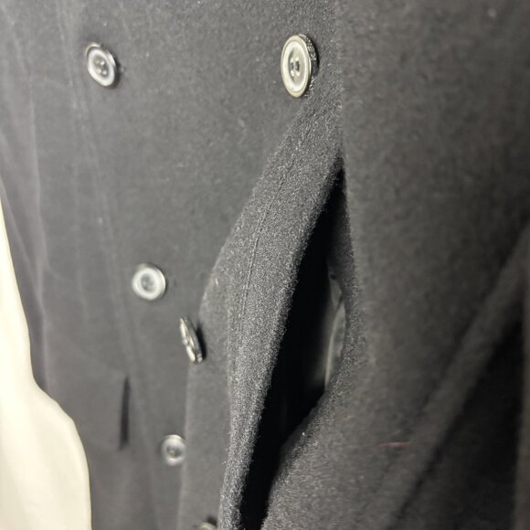 Lg Black Wool Blend Lined Double Breasted Long Sleeve Collar Button Pocket Coat - Picture 3 of 11